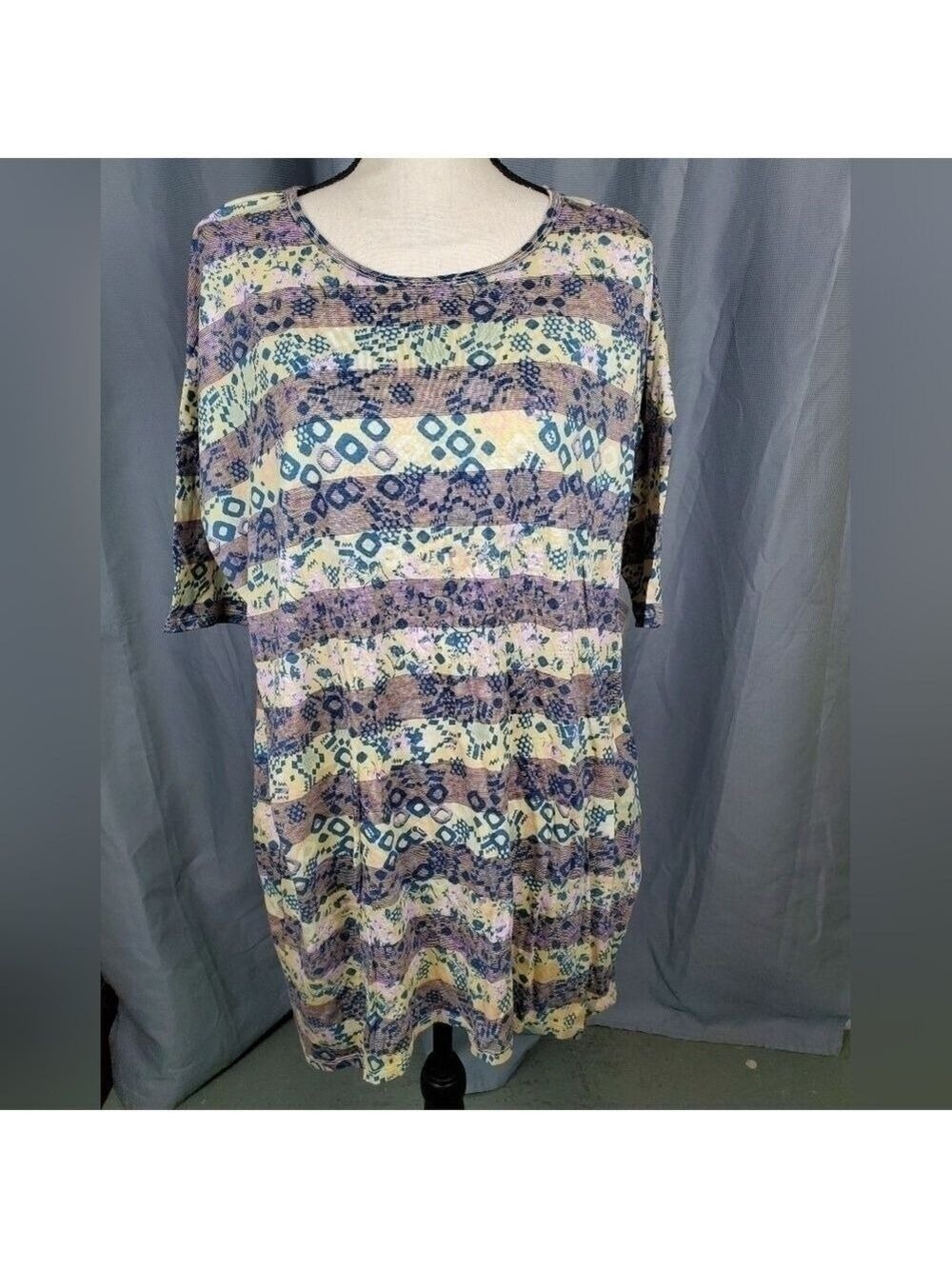NWT Lularoe Irma, yellow/black/blue/pink pattern, size L